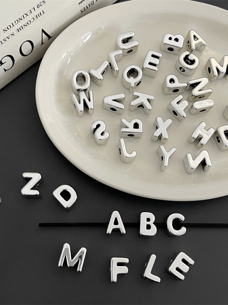 Open Hole Electroplated Silver Letter Beads